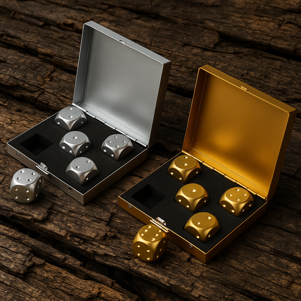Premium Aluminum Dice Set – Gold & Silver Metal Case Edition